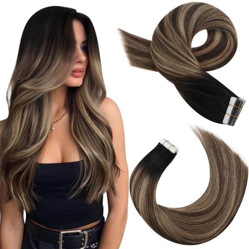 Moresoo Brown Tape in Human Hair Extensions Balayage Straight Short Hair Black to Brown Mixed Blonde Hair Extensions Tape in Real Human Hair Invisible Tape ins Extensions #1B/4/14 20Pcs 50G 16 Inch - Image 1